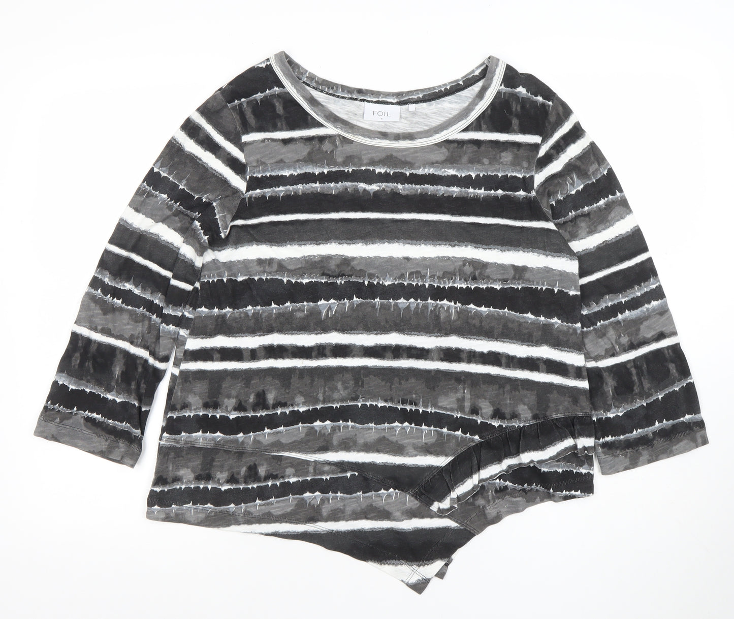 FOIL Women’s Grey Striped Asymmetric Hem 3/4 Sleeve Jersey Top Size S