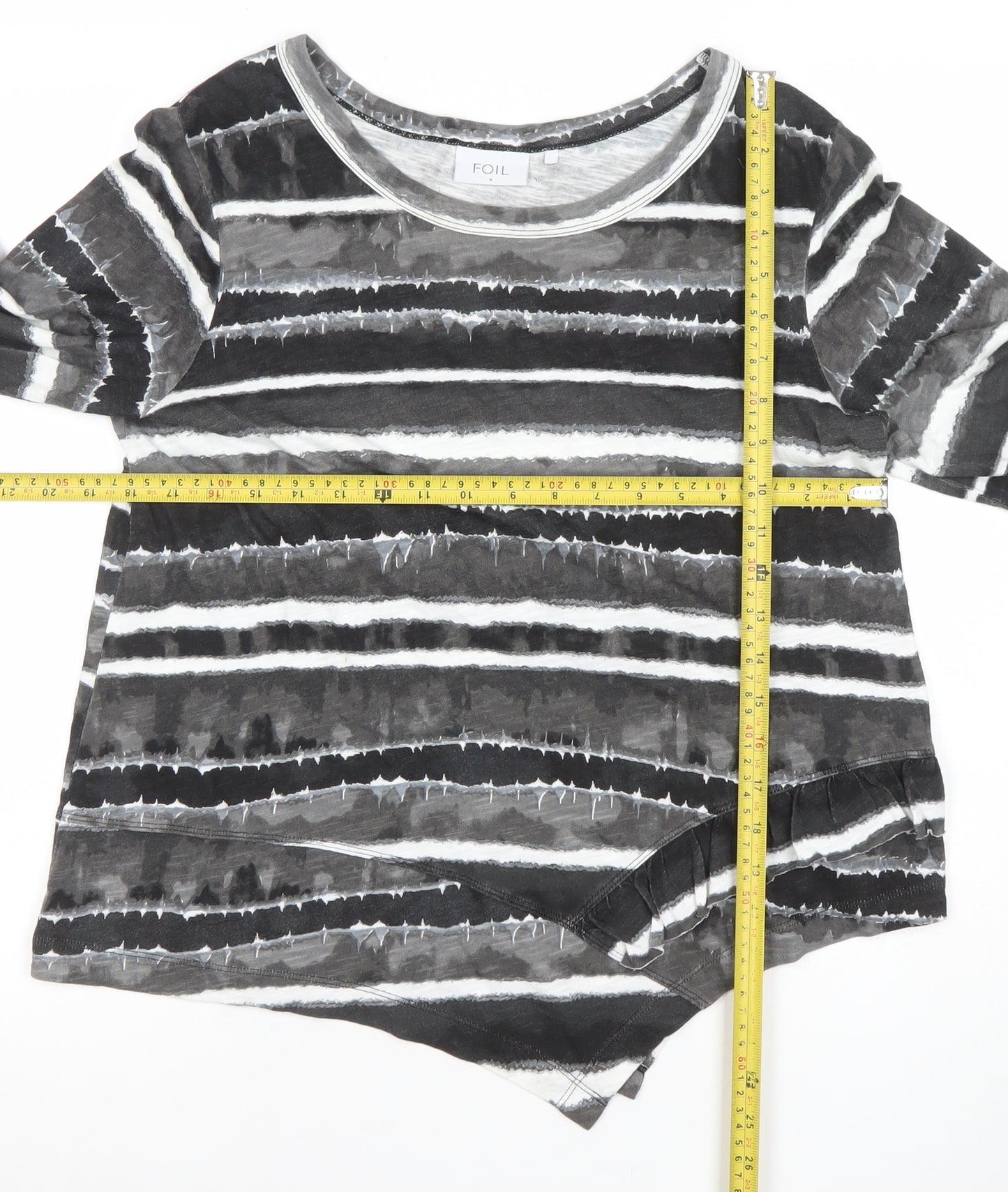 FOIL Women’s Grey Striped Asymmetric Hem 3/4 Sleeve Jersey Top Size S