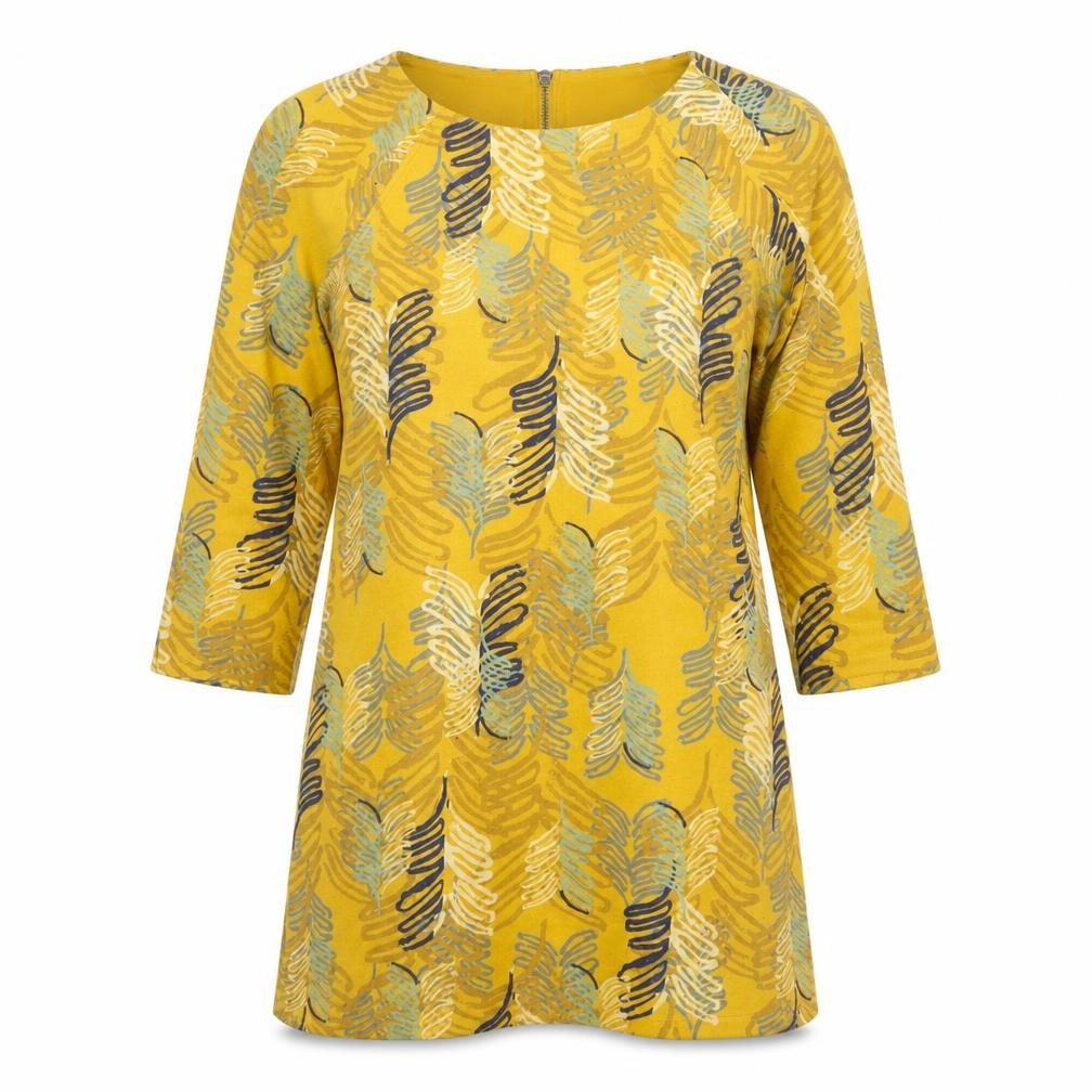 Front view of White Stuff women’s yellow floral shift dress, size UK 12, 3/4 sleeve