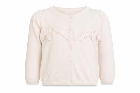 Front view of The Little White Company girls’ pink cardigan 3-4 years merino wool cotton bow detail