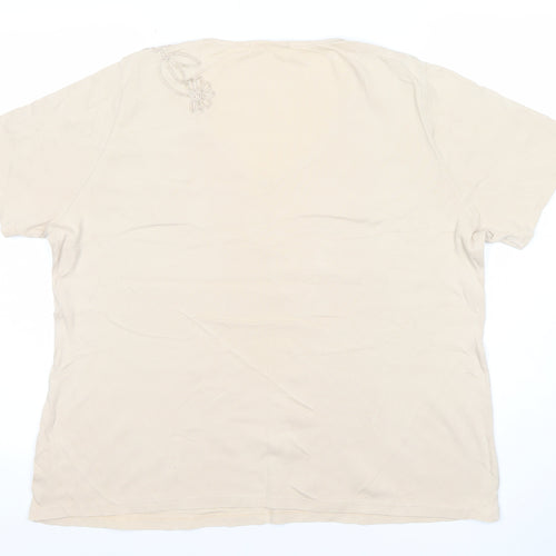 Marks and Spencer Women Beige V-Neck Embroidered Cotton T-Shirt Size 20