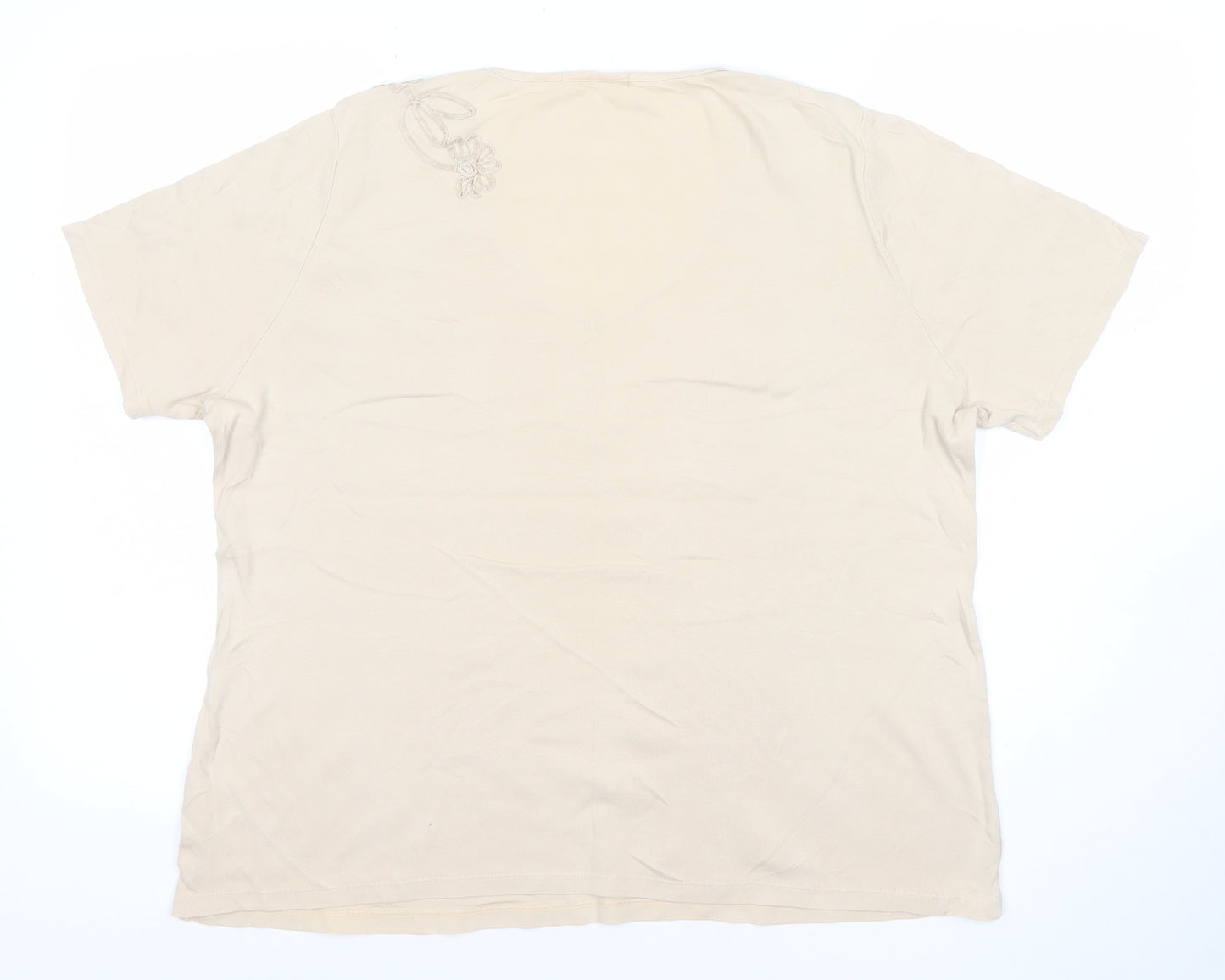 Marks and Spencer Women Beige V-Neck Embroidered Cotton T-Shirt Size 20