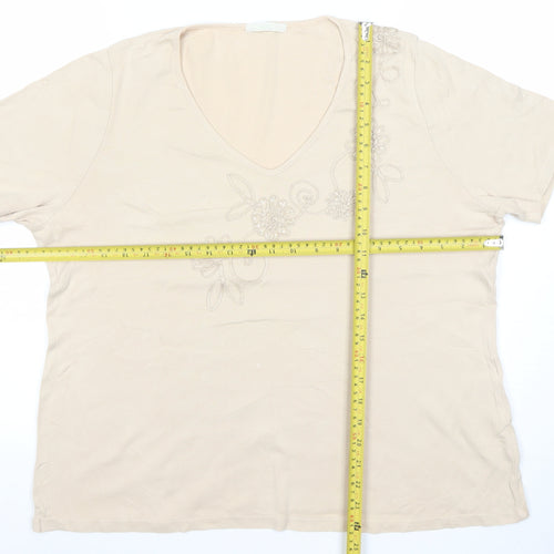 Marks and Spencer Women Beige V-Neck Embroidered Cotton T-Shirt Size 20