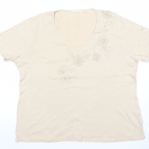 Marks and Spencer Women Beige V-Neck Embroidered Cotton T-Shirt Size 20