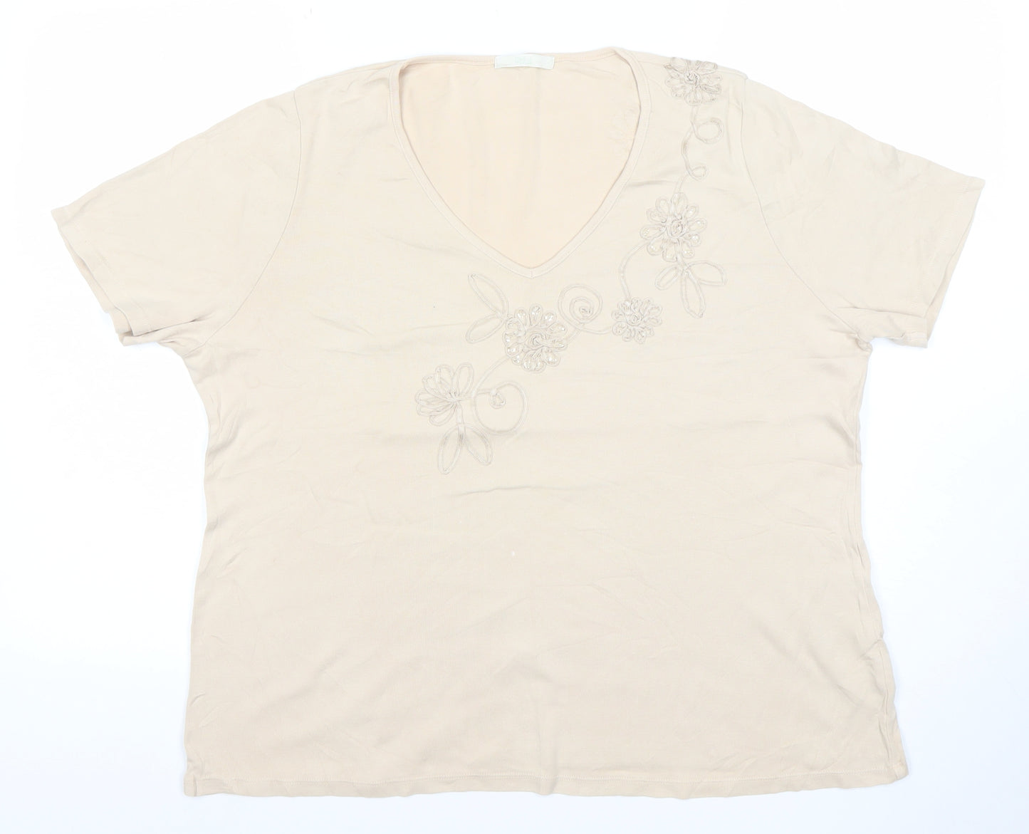 Marks and Spencer Women Beige V-Neck Embroidered Cotton T-Shirt Size 20