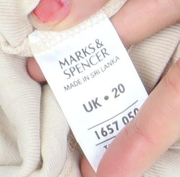 Marks and Spencer Women Beige V-Neck Embroidered Cotton T-Shirt Size 20