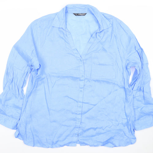 Dunnes Women Blue Linen Long Sleeve Button-Up Shirt Size L