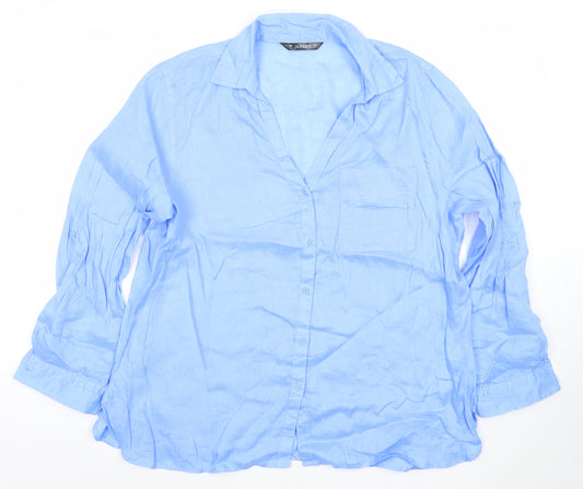 Dunnes Women Blue Linen Long Sleeve Button-Up Shirt Size L