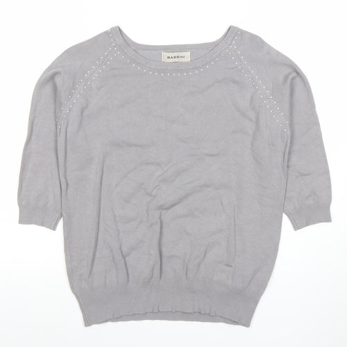 Bassini Women's Grey Beaded Knit 3/4 Sleeve Blouse M/L
