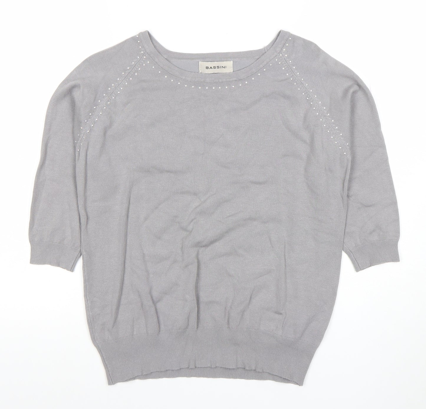 Bassini Women's Grey Beaded Knit 3/4 Sleeve Blouse M/L