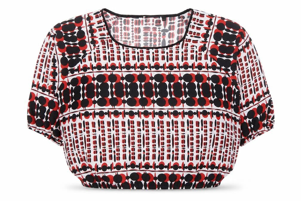 Front view of Gerard women’s multicoloured geometric blouse, size UK 14, short sleeve