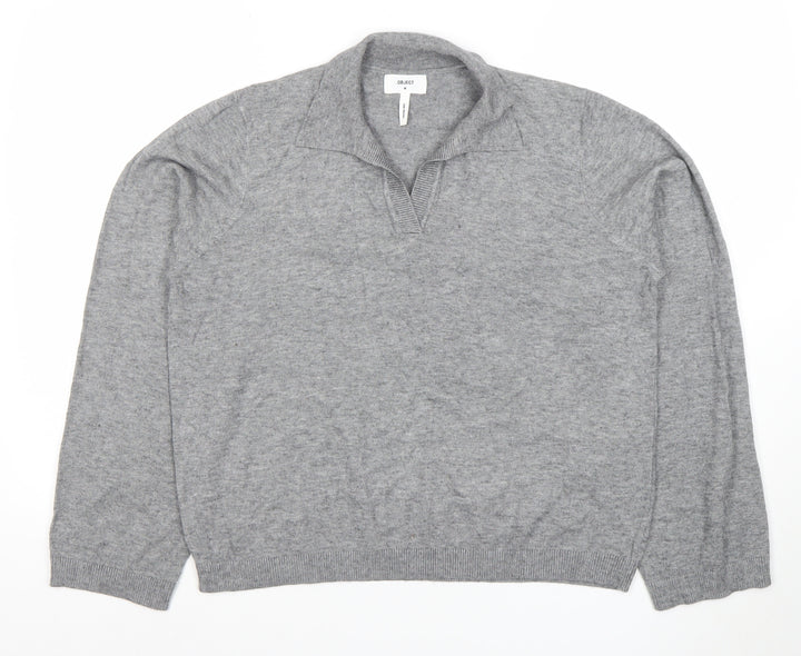 OBJECT Women's Grey Collared Pullover Jumper Size M Long Sleeve Cotton Blend
