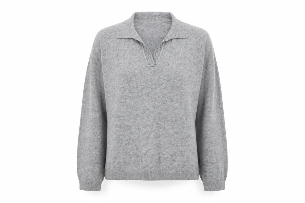 Front view of Object Women's Grey Collared jumper, size M, Long Sleeve Cotton Blend