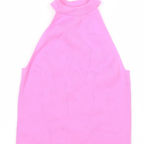 River Island Women’s Pink High Neck Ribbed Halter Tank Top Size 16