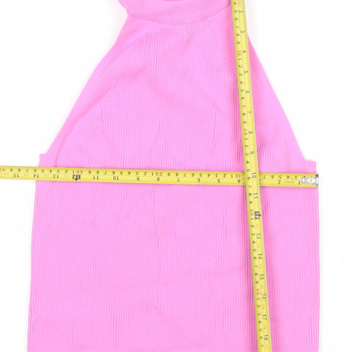 River Island Women’s Pink High Neck Ribbed Halter Tank Top Size 16