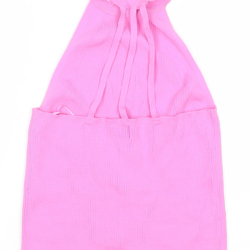 River Island Women’s Pink High Neck Ribbed Halter Tank Top Size 16