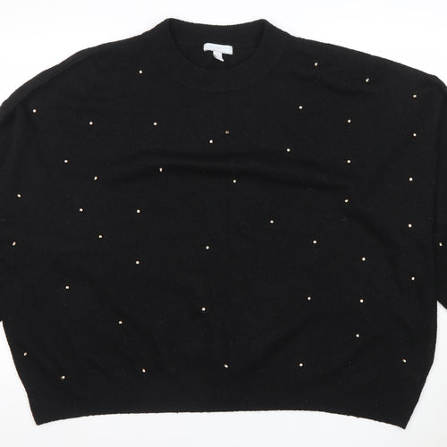 H&M Womens Black Beaded Pullover Jumper Size 2XL Crew Neck Knit