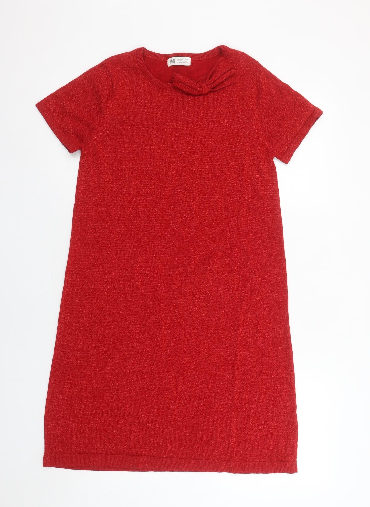 H&M Girls Red Bow Knit Shift Dress 13-14 Years Short Sleeve