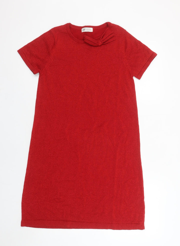 H&M Girls Red Bow Knit Shift Dress 13-14 Years Short Sleeve