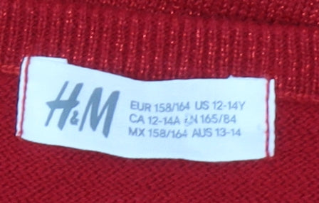 H&M Girls Red Bow Knit Shift Dress 13-14 Years Short Sleeve