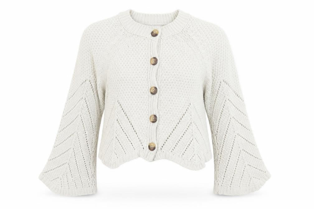 Front view of Savida Women Ivory Knit Flared Sleeve Cardigan, size 10