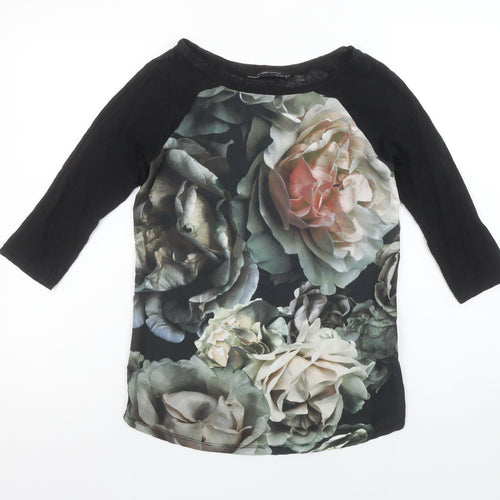 Zara Women Black Floral Raglan 3/4 Sleeve Cotton T-Shirt Size 8