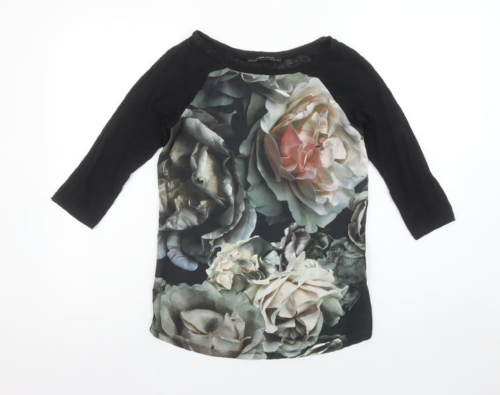 Zara Women Black Floral Raglan 3/4 Sleeve Cotton T-Shirt Size 8