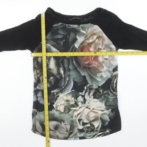 Zara Women Black Floral Raglan 3/4 Sleeve Cotton T-Shirt Size 8