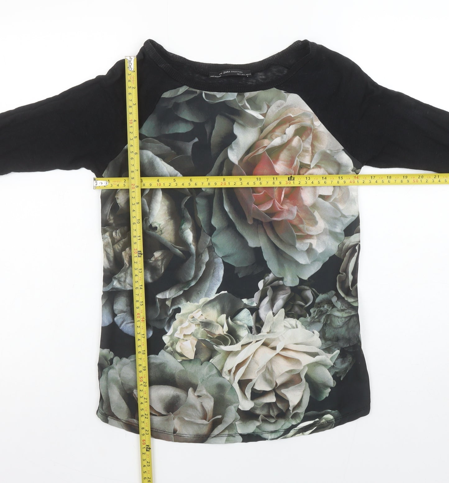 Zara Women Black Floral Raglan 3/4 Sleeve Cotton T-Shirt Size 8