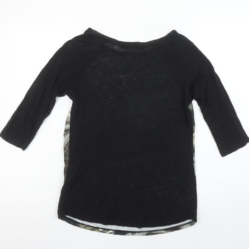 Zara Women Black Floral Raglan 3/4 Sleeve Cotton T-Shirt Size 8
