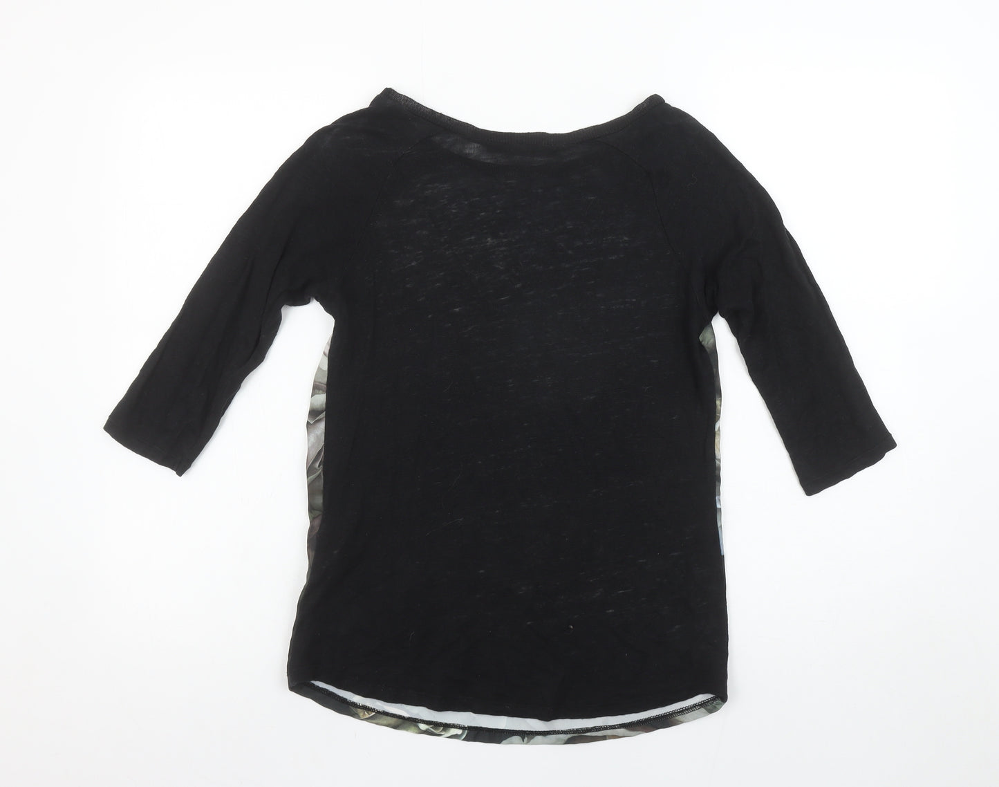 Zara Women Black Floral Raglan 3/4 Sleeve Cotton T-Shirt Size 8