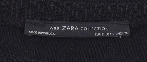 Zara Women Black Floral Raglan 3/4 Sleeve Cotton T-Shirt Size 8