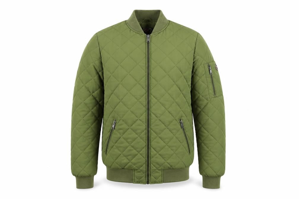 Front view of 1 Madison Expedition Men's Green Quilted Bomber Jacket, size S