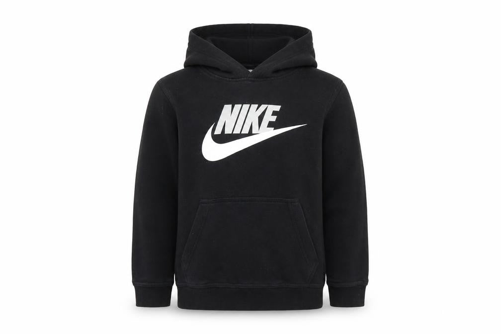 Front view of Nike boys’ black pullover hoodie medium 100% cotton logo sweatshirt
