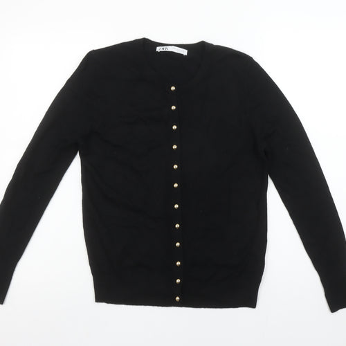 Zara Women Black Crew Neck Button Front Cardigan Size 12