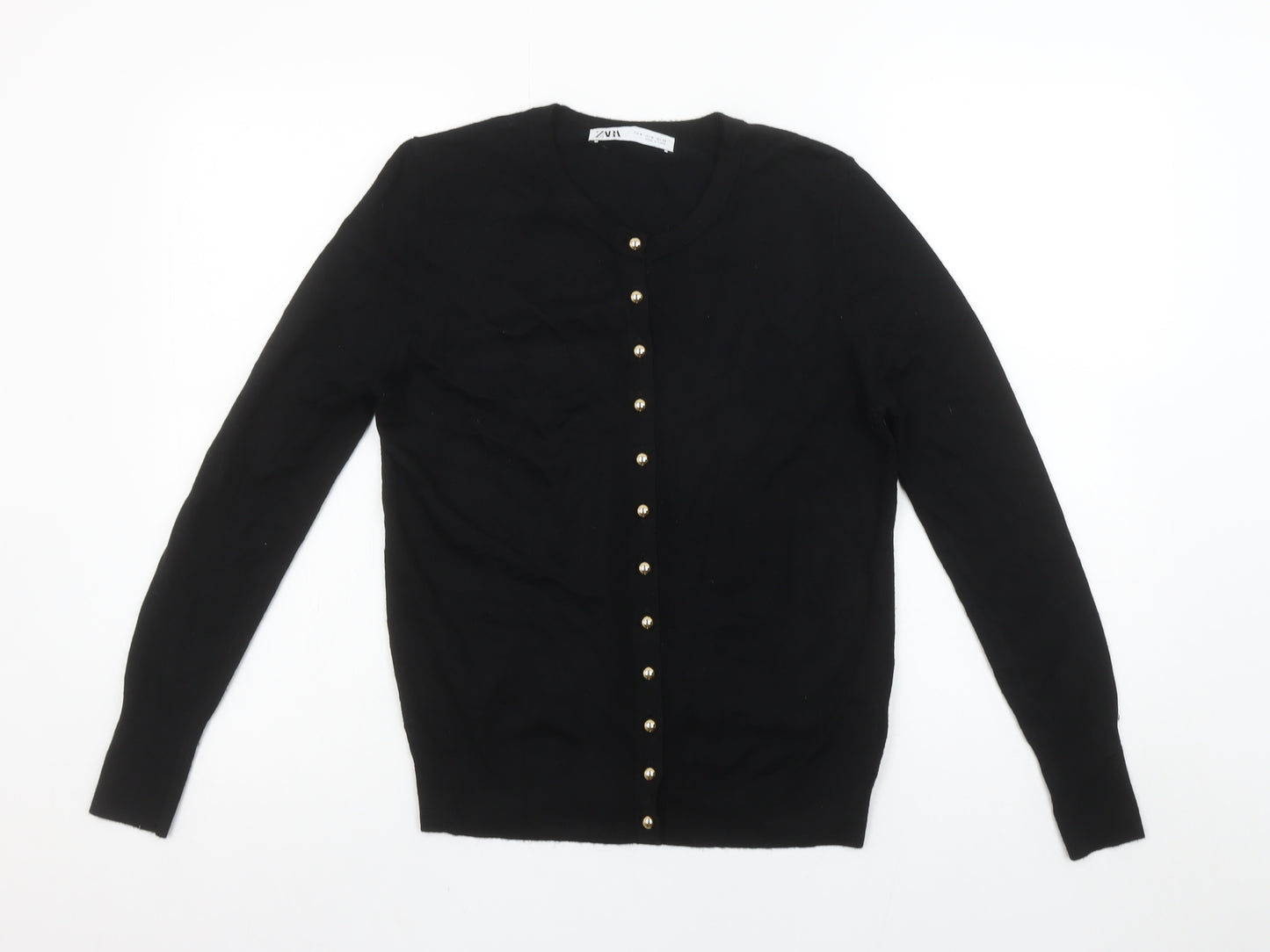 Zara Women Black Crew Neck Button Front Cardigan Size 12