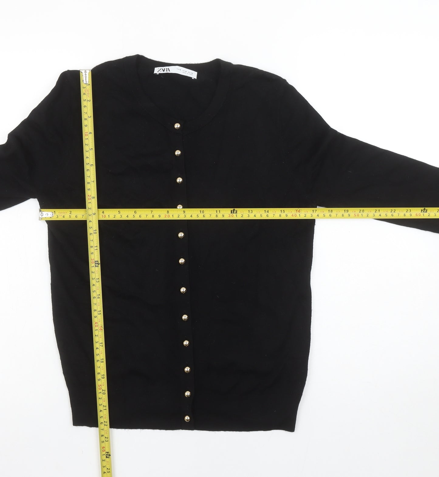 Zara Women Black Crew Neck Button Front Cardigan Size 12