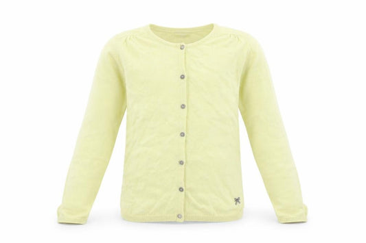 Front view of Vertbaudet girls’ yellow cardigan 10 years cotton blend bow detail