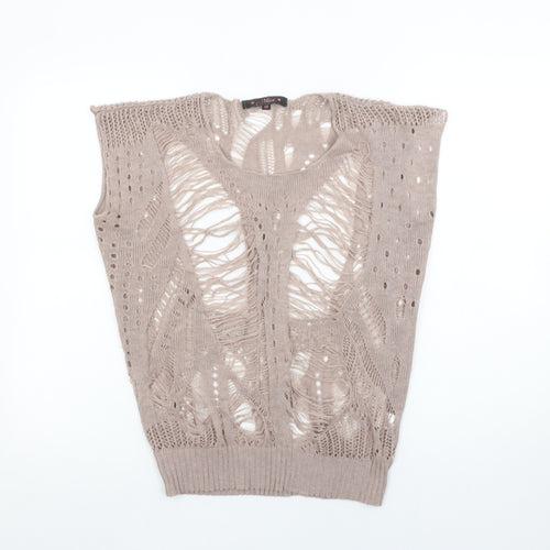 Miso Women Beige Open-Knit Sleeveless Pullover Jumper Size 10