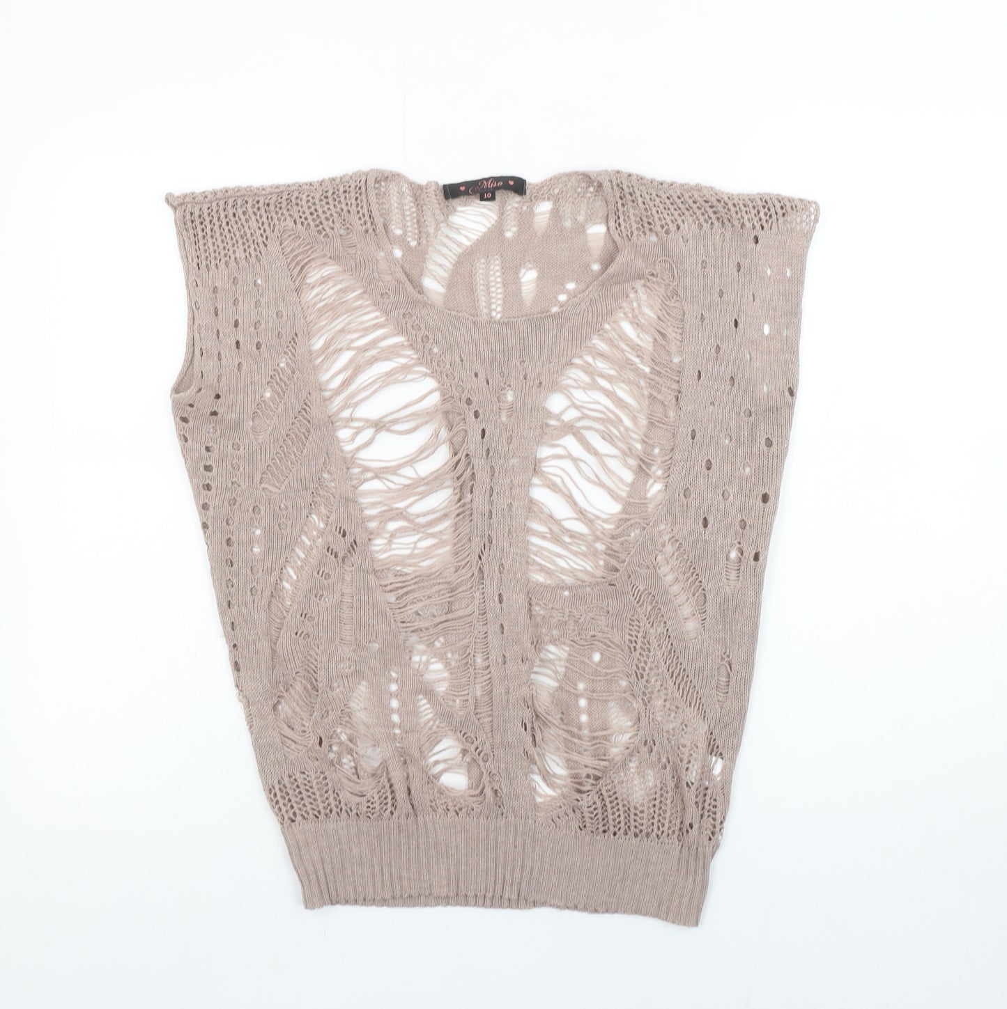 Miso Women Beige Open-Knit Sleeveless Pullover Jumper Size 10