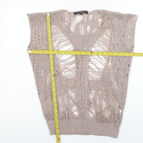 Miso Women Beige Open-Knit Sleeveless Pullover Jumper Size 10