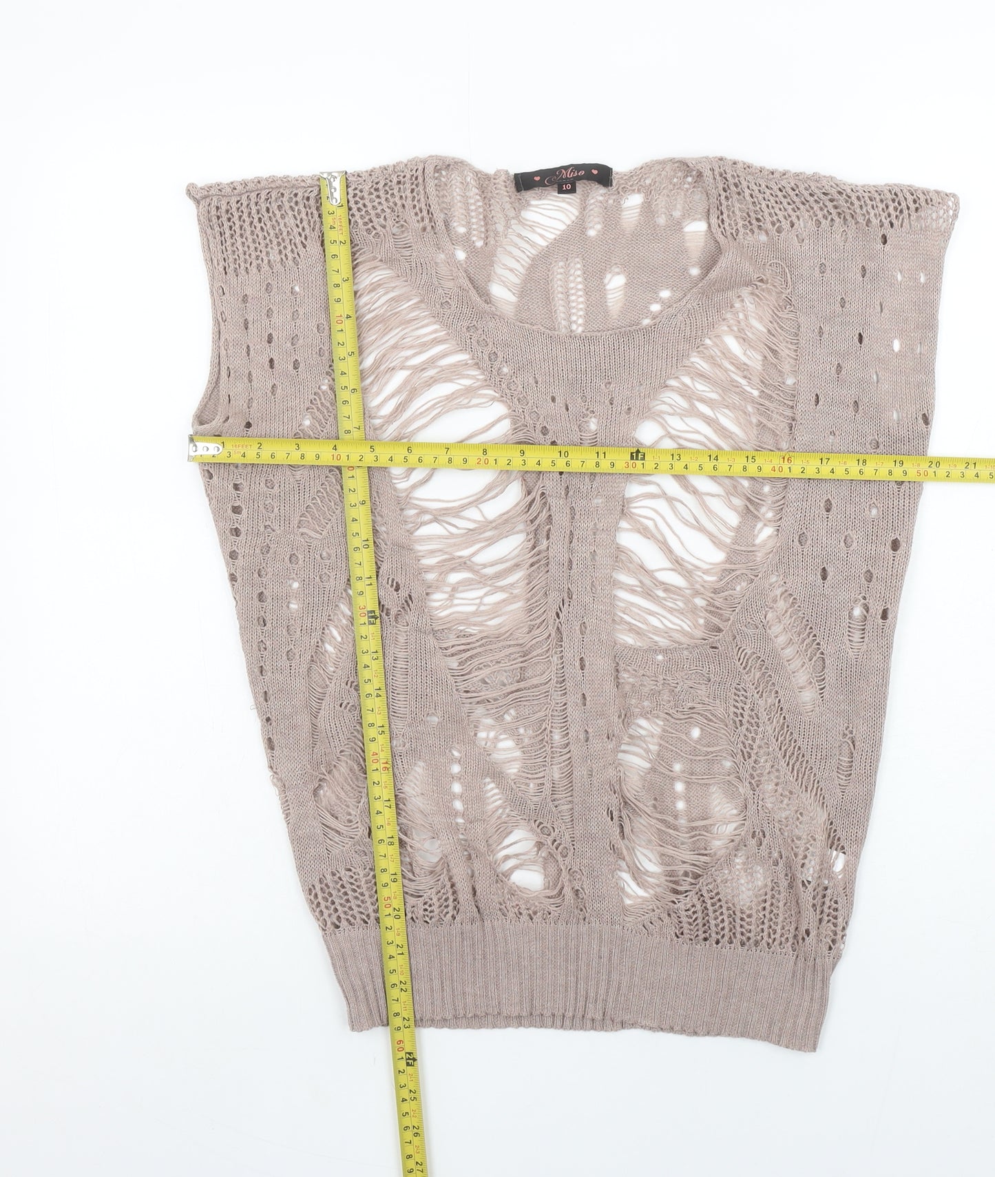 Miso Women Beige Open-Knit Sleeveless Pullover Jumper Size 10