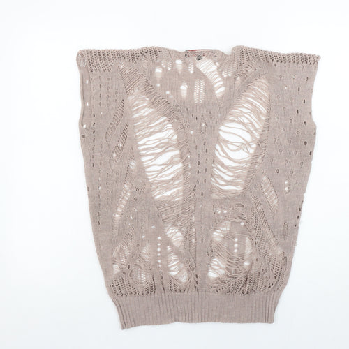 Miso Women Beige Open-Knit Sleeveless Pullover Jumper Size 10