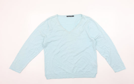 WoolOvers Women's Blue V-Neck Cotton Silk Jumper M