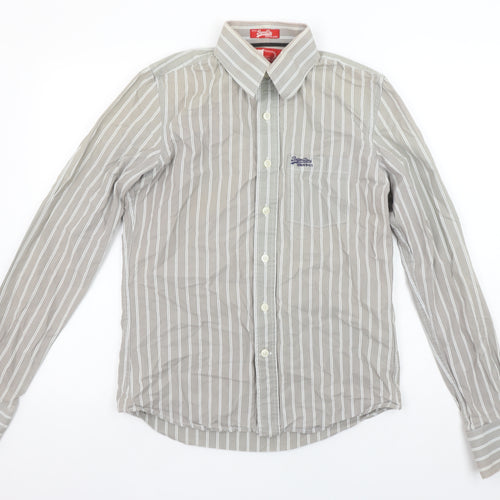Superdry Men's Grey Striped Button-Up Shirt Medium Cotton Long Sleeve