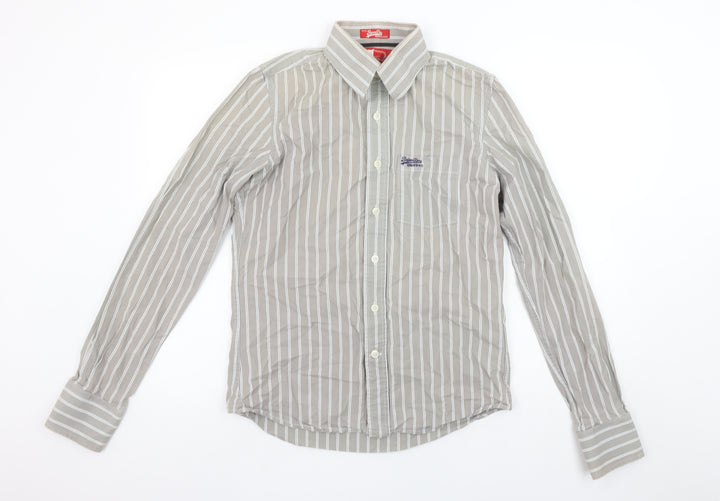 Superdry Men's Grey Striped Button-Up Shirt Medium Cotton Long Sleeve