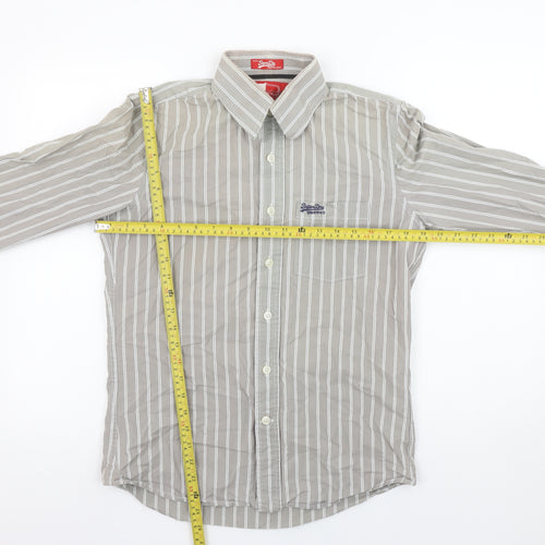 Superdry Men's Grey Striped Button-Up Shirt Medium Cotton Long Sleeve