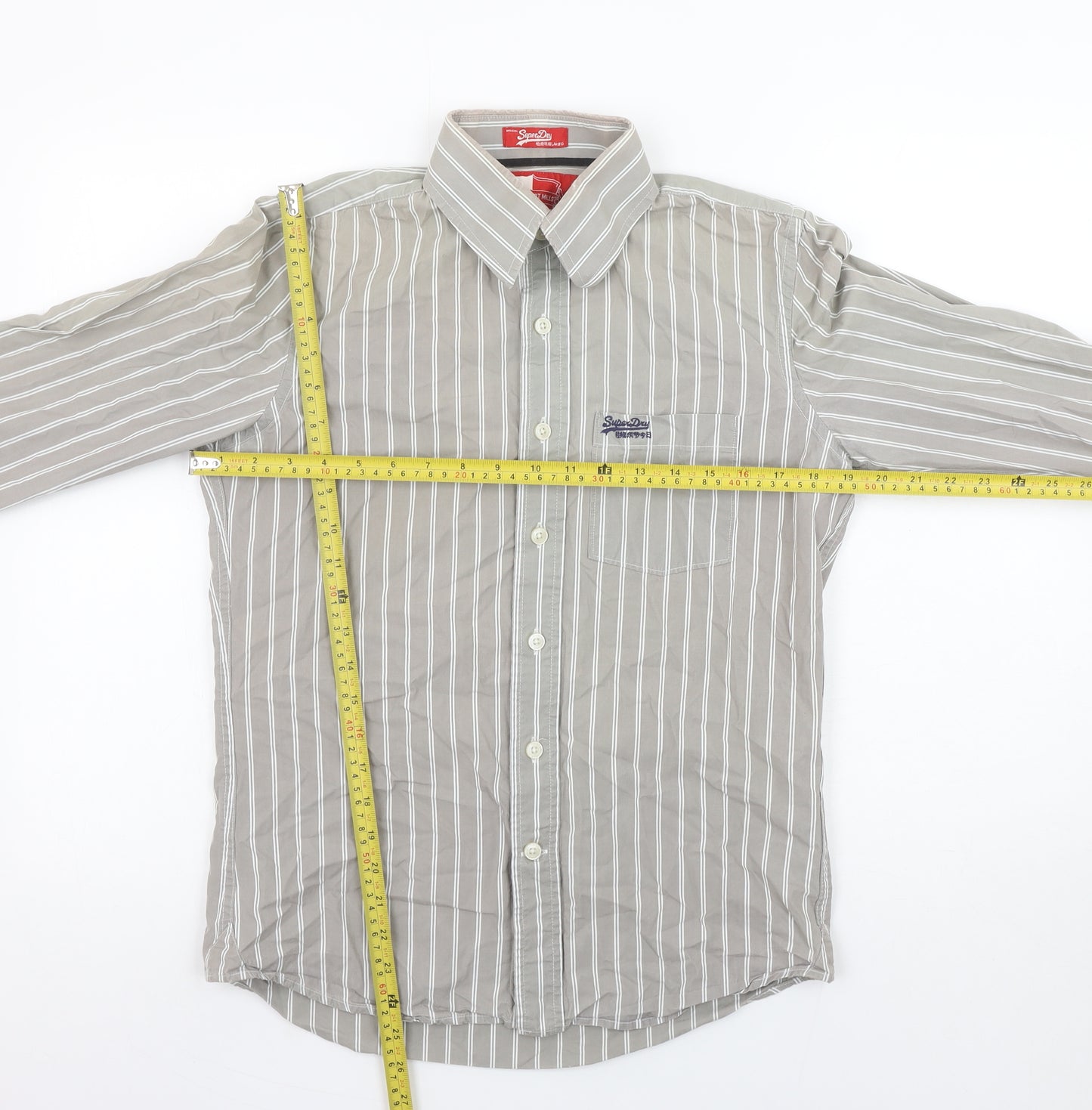 Superdry Men's Grey Striped Button-Up Shirt Medium Cotton Long Sleeve