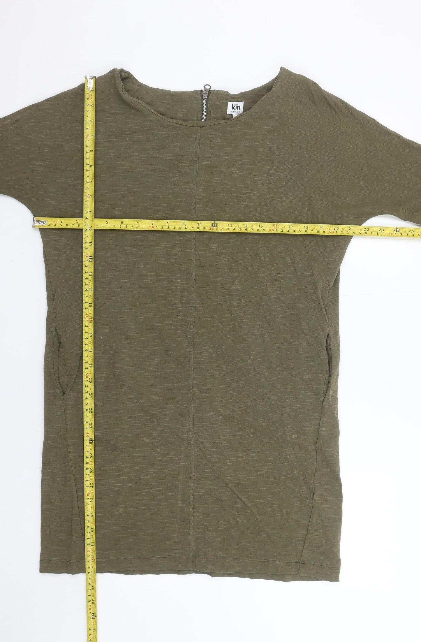 Kin by John Lewis Women’s Green Shift Dress Size 14 3/4 Sleeve Zip Back