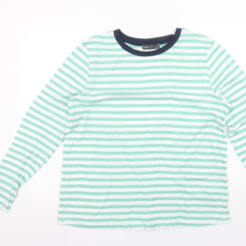 Marks and Spencer Womens Green White Striped Long Sleeve Cotton T-Shirt Size 14